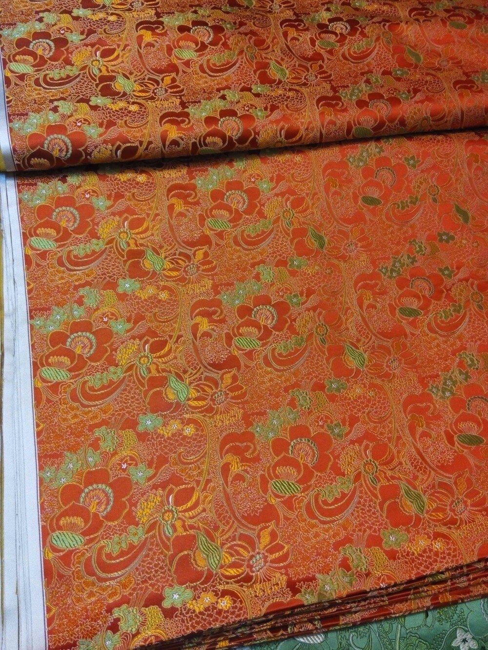 chinese silk brocade woven damask fabric cheongsam Cushion orange back with green and yellow Grapes flower