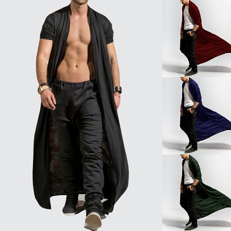 Mænd lang kappe frakke sjalkrave cardigan moderigtigt ensfarvet lange ærmer åben front lang længde drapering cape frakke