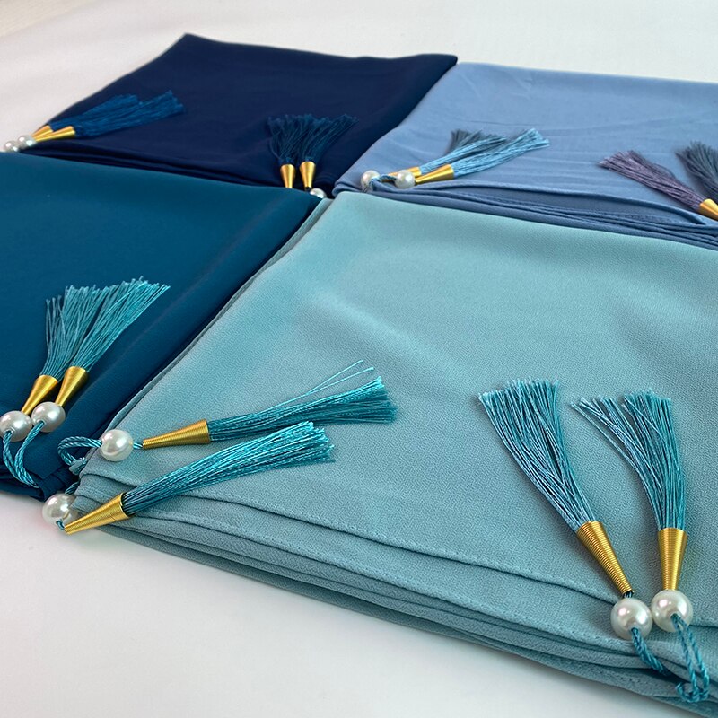 1 Pc Bubble Chiffon Solider Kleur Sjaal Lange Soft Wrap Sjaal Sjaals Femme Bufandas Kralen Parels Hijaabs Kwastje Sjaal