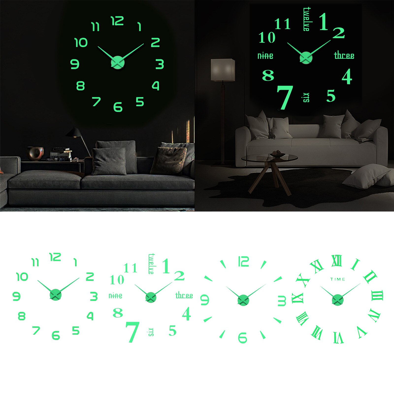 Muur Lichtgevende Klok Diy 3d Sticker Moderne Thuis Bar Decor Horloge Een