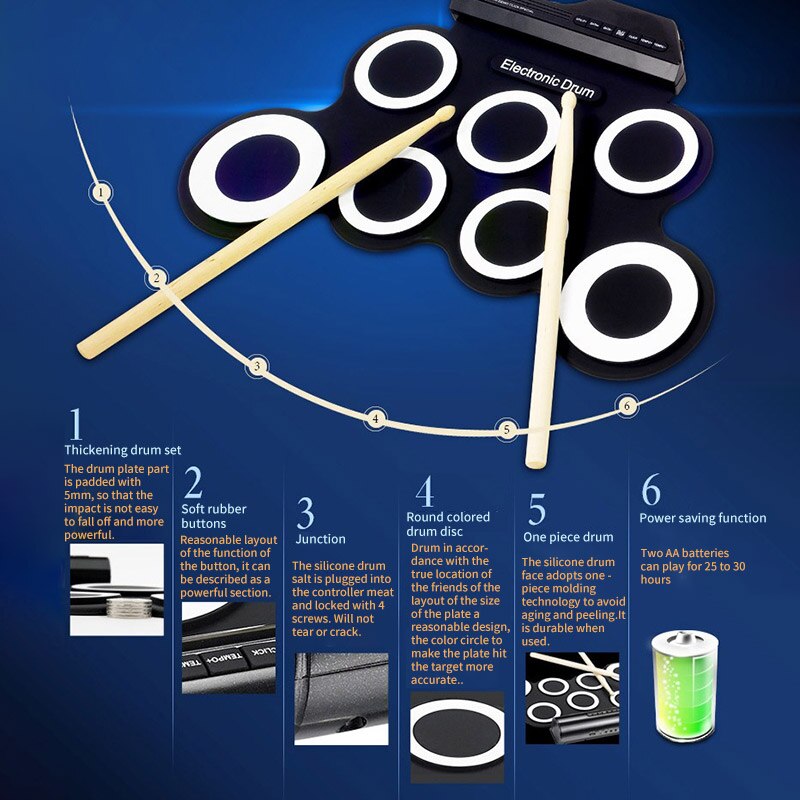 Elektronische Roll-Up Silicon Drum Set Draagbare Usb Digitale Elektronische Drum Kit Met 2 Sustain Pedalen Voor Beginners Drum kit