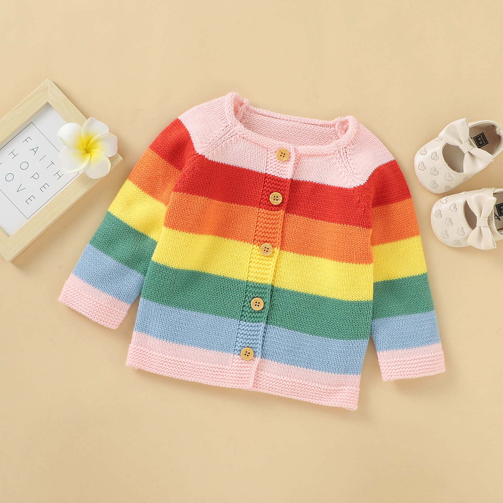 Cárdigan de punto para niños pequeños, chaqueta de manga larga con cuello redondo y rayas de arcoíris, prendas de vestir informales de un solo pecho, 4 colores, otoño