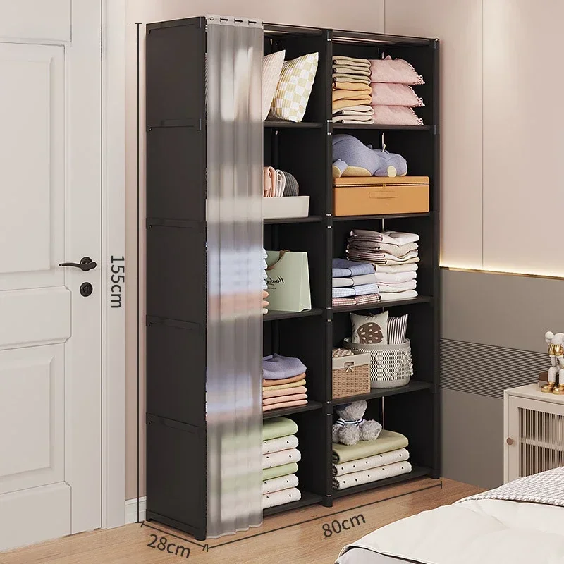 Armoire de rangement anti-poussière pour chambre à coucher T1 avec rideaux, bibliothèque simple, armoires multicouches, grande capacité: GRIS