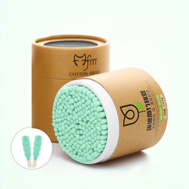 200pcs/box Bamboo Cotton Swab Wood Sticks Soft Cotton Buds Cleaning Of Ears Tampons Makeups Cotton Buds Tip Health Beauty Tools: green