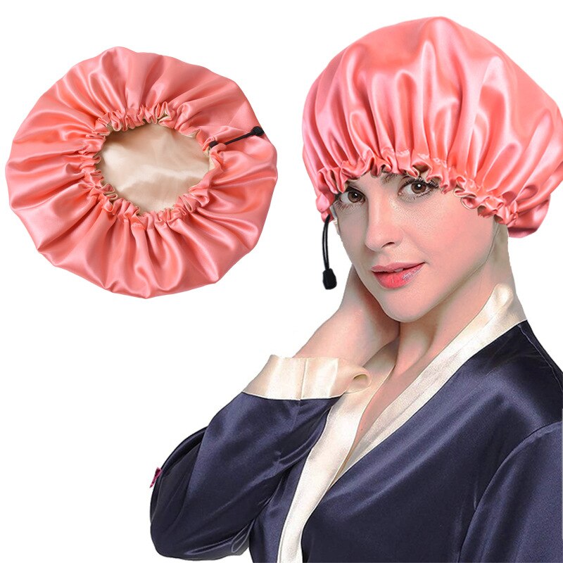 Hair Salon Elastic Thicken Double Layer Night Cap Adjustable Women's Oiled Shower Soft Silk Bath Hat Satin Bonnet Logo Printing: Red