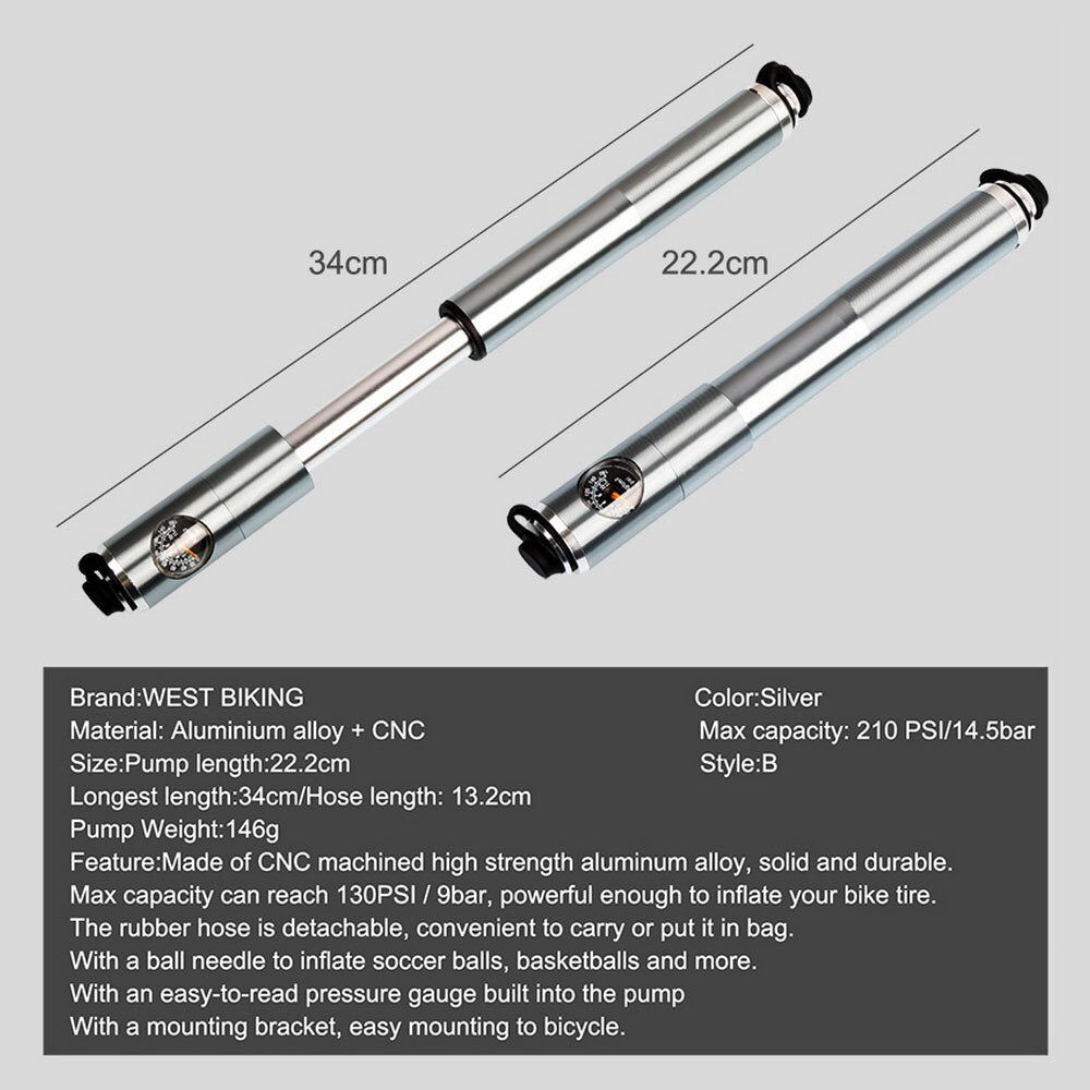 WEST BIKING Bicycle Pump Hand Air Pump Hose Pressure Gauge Cycling Tire Inflator Schrader Presta Valve Fork Portable Mini Pump