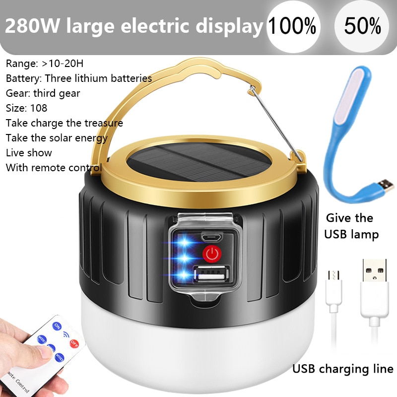 Linterna Solar de 280W para tienda, linterna portátil para acampar al aire libre, bombillas de luz LED recargable vía USB, luz de emergencia, luz de noche, USB: 280W Solar Light