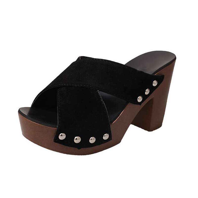 Vogue femmes croix sangle talon épais sandale épaisse à talons hauts bascule bout ouvert sandale Sandalia Feminina Buty Damskie Nice: Black / 7