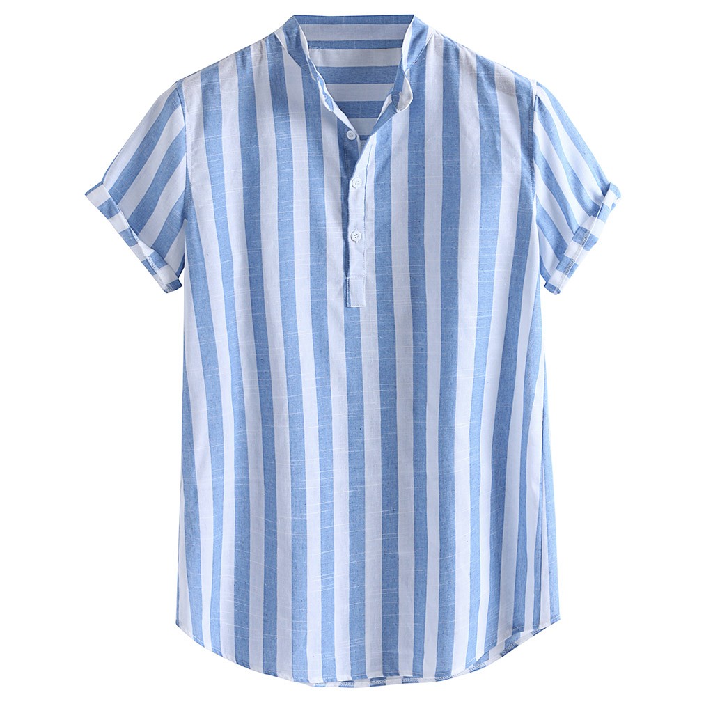 Klv Korte Mouw Mannelijk Overhemd Katoen Linnen Blouse Heren Tuniek Gestreepte Henry Colla Losse Korte Mouwen Casual Knoppen Overhemd: M
