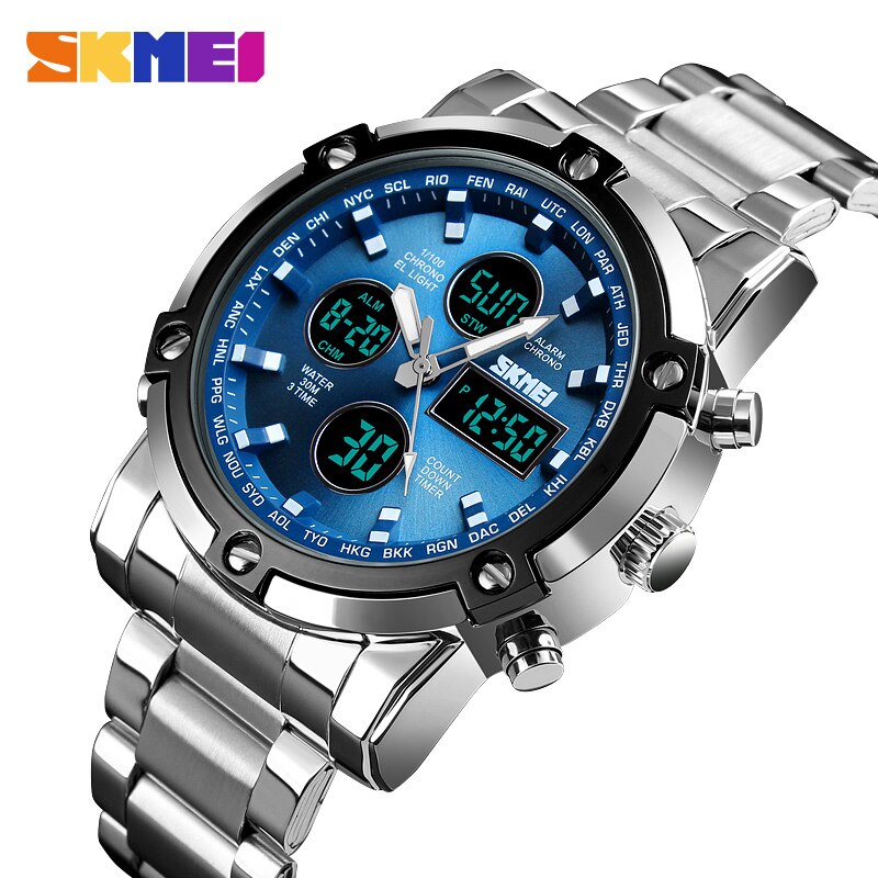 Skmei 3-malige Hintergrund beleuchtung Digitaluhren Herren Vollstahlband-Quarz-Armbanduhr Countdown-Uhr relogio maskulino