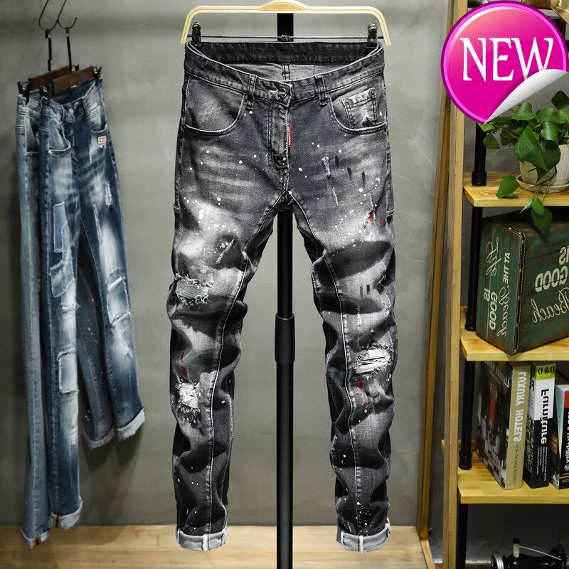 Jean homme trou d'éclaboussure Point de peinture doux coton souple élastique en cuir étiquette noir gris pantalon Slim rouge