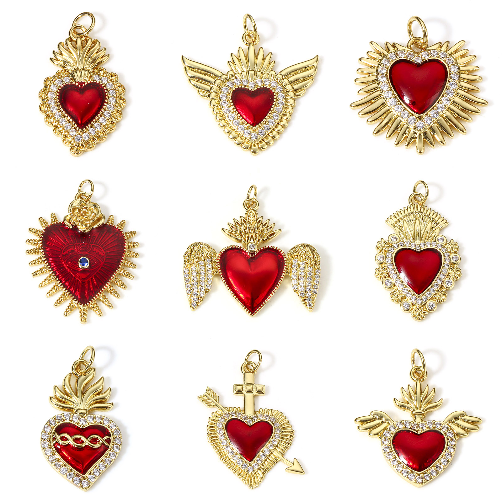 1 pieza de dijes de corazón religioso rojo clásico para la fabricación de joyas, colgantes Ex Voto de Color dorado, collar de circonia cúbica transparente DIY
