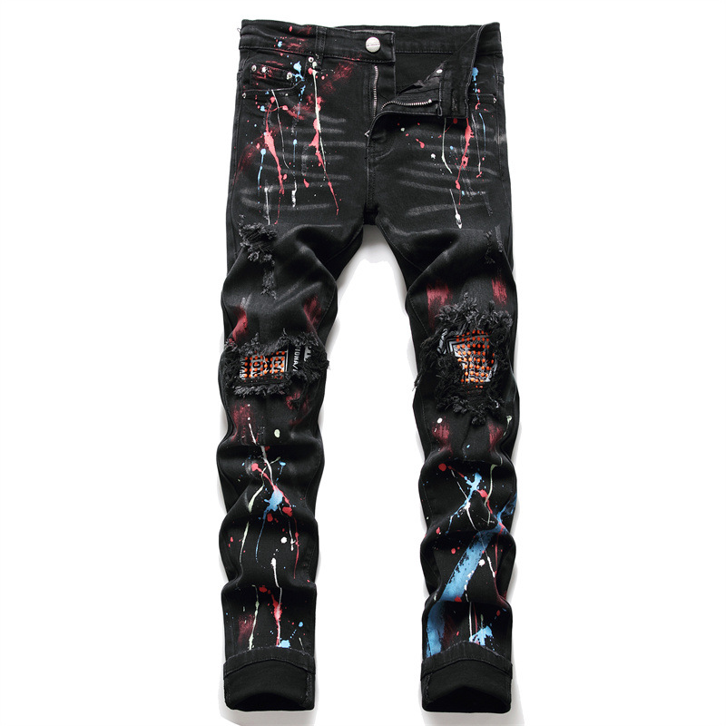 Men&#39;s Jeans Ripped Spray-Painted Black Stretch Pants Drill High Street Casual Pants Autumn Hip-hop Clothing