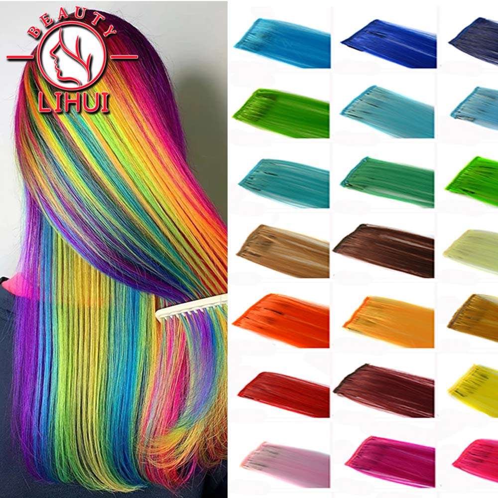 LIHUI-extensiones de cabello sintético para mujer, mechones de pelo largo y liso, con Clip, para resaltar, Color arcoíris, Color rosa