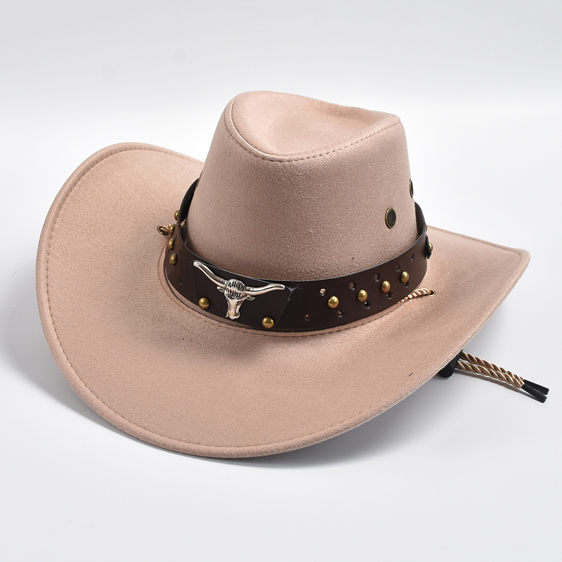 Nuevos sombreros de vaquero del oeste de gamuza Artificial, sombrero de Jazz de vaquera de caballero Vintage de borde grande, sombrero de Cosplay para de vacaciones: Champán