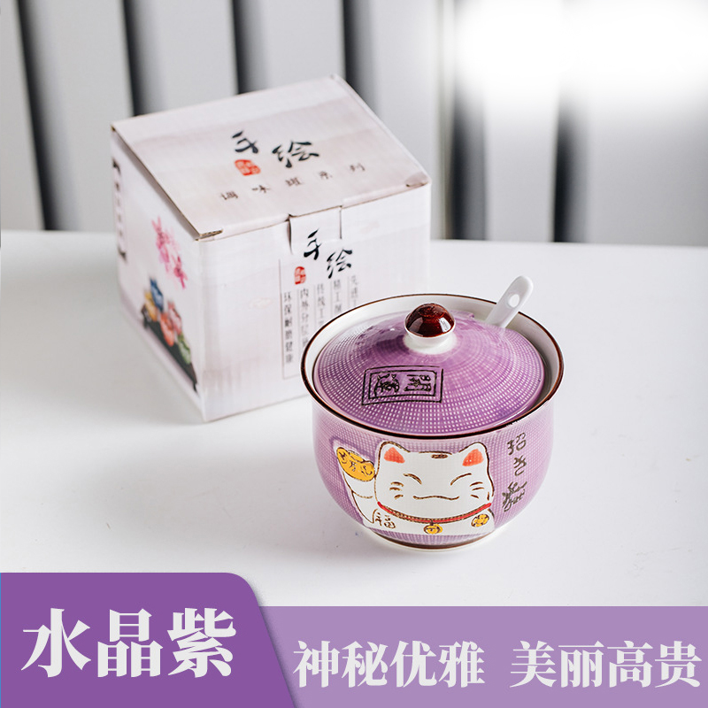Tanque de condimentos de cerámica con forma de gato de dibujos animados japoneses, cuchara de cerámica, salero, tarro de especias, accesorios de cocina, caja: Purple Cat