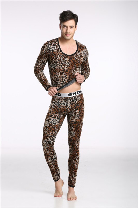 Mænd bomuld termisk sæt undertøj vild leopard print jakkesæt holde opvarmning lange johns bukser lang skjorte vinter nattøj m-xl
