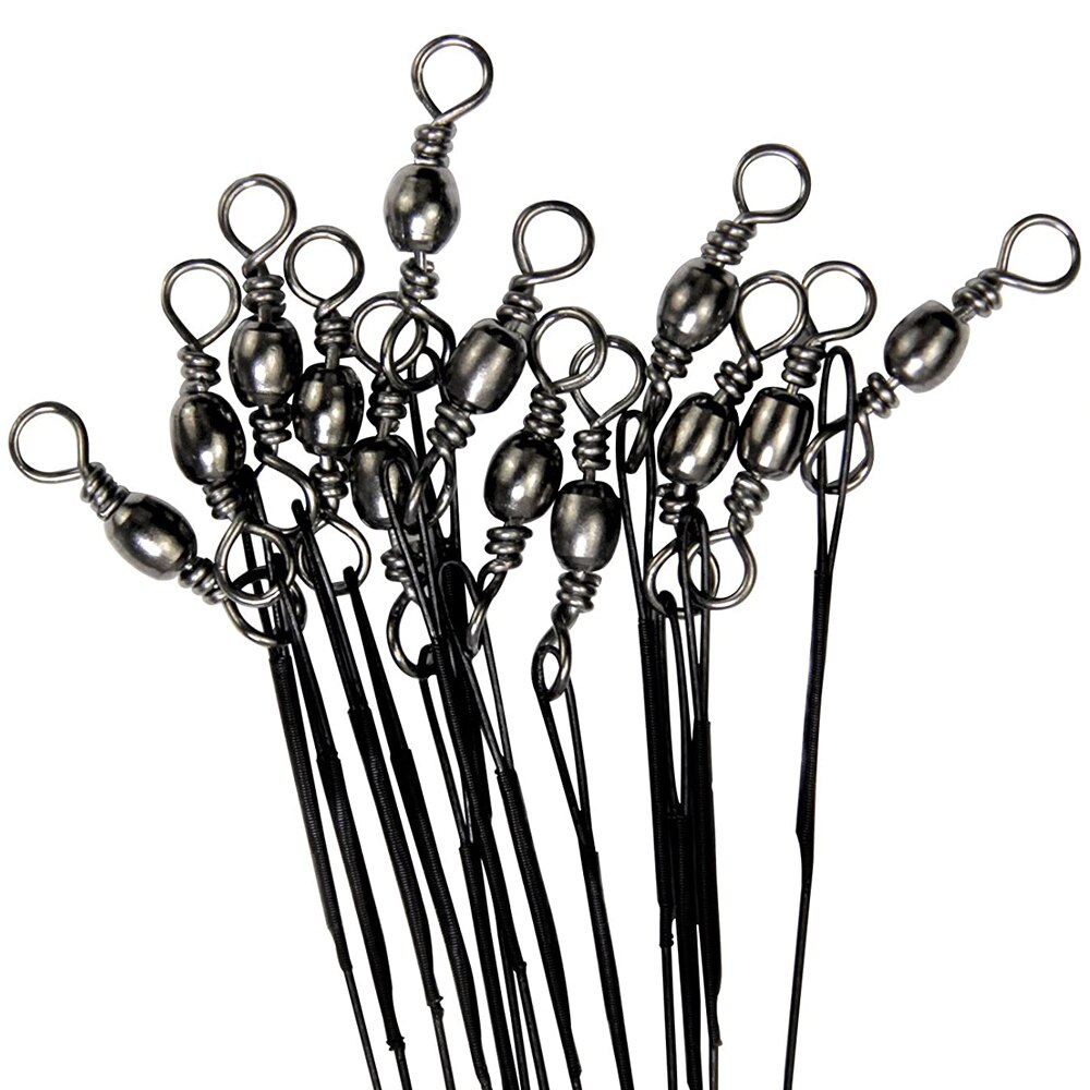 Fil de pêche en acier noir de 30cm, 100 pièces, avec baril pivotant, boutons de sécurité, leurres pivotants, matériel, accessoires