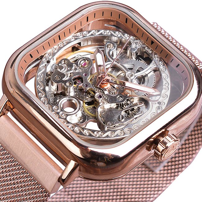 Forsining Mannen Mechanische Horloges Automatische Self-Wind Golden Transparante Mode Mesh Steel Horloge Skeleton Man Mannelijke Uur: GMT1148-5