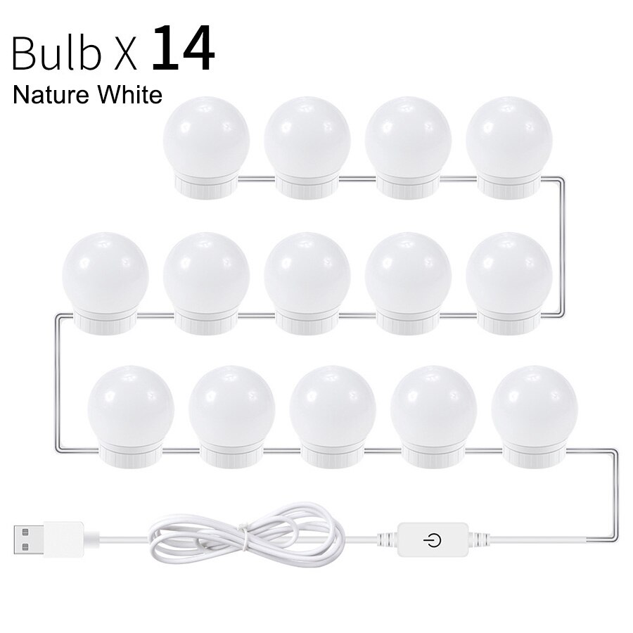 Vanity Light Badkamer Make-Up Spiegel Led Verlichting Touch Dimmen DC5V Usb Powered Hollywood Stijl Kaptafel Verlichting Lamp Wit: 14pcs Blubs