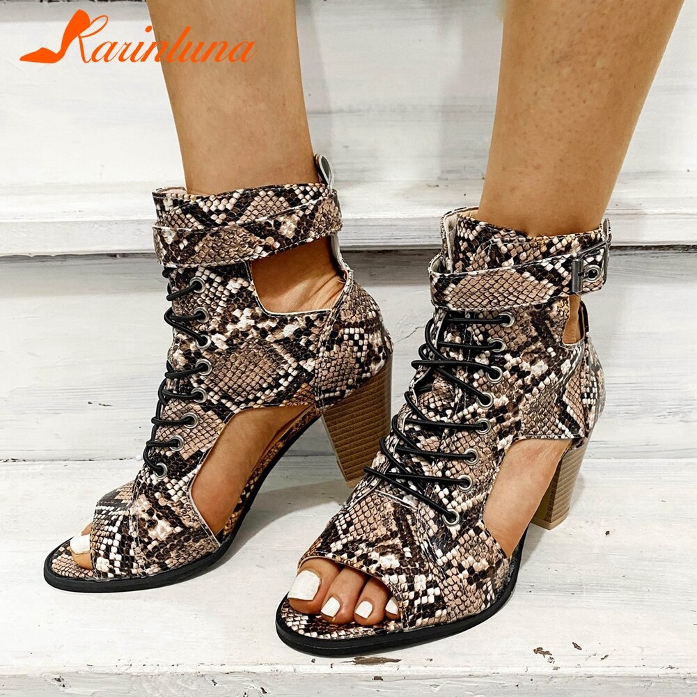 Karinluna Mode Gladiator Sandalen Vrouw Schoenen Peep Toe Hoge Hakken Gesp Snake Print Schoenen Dame