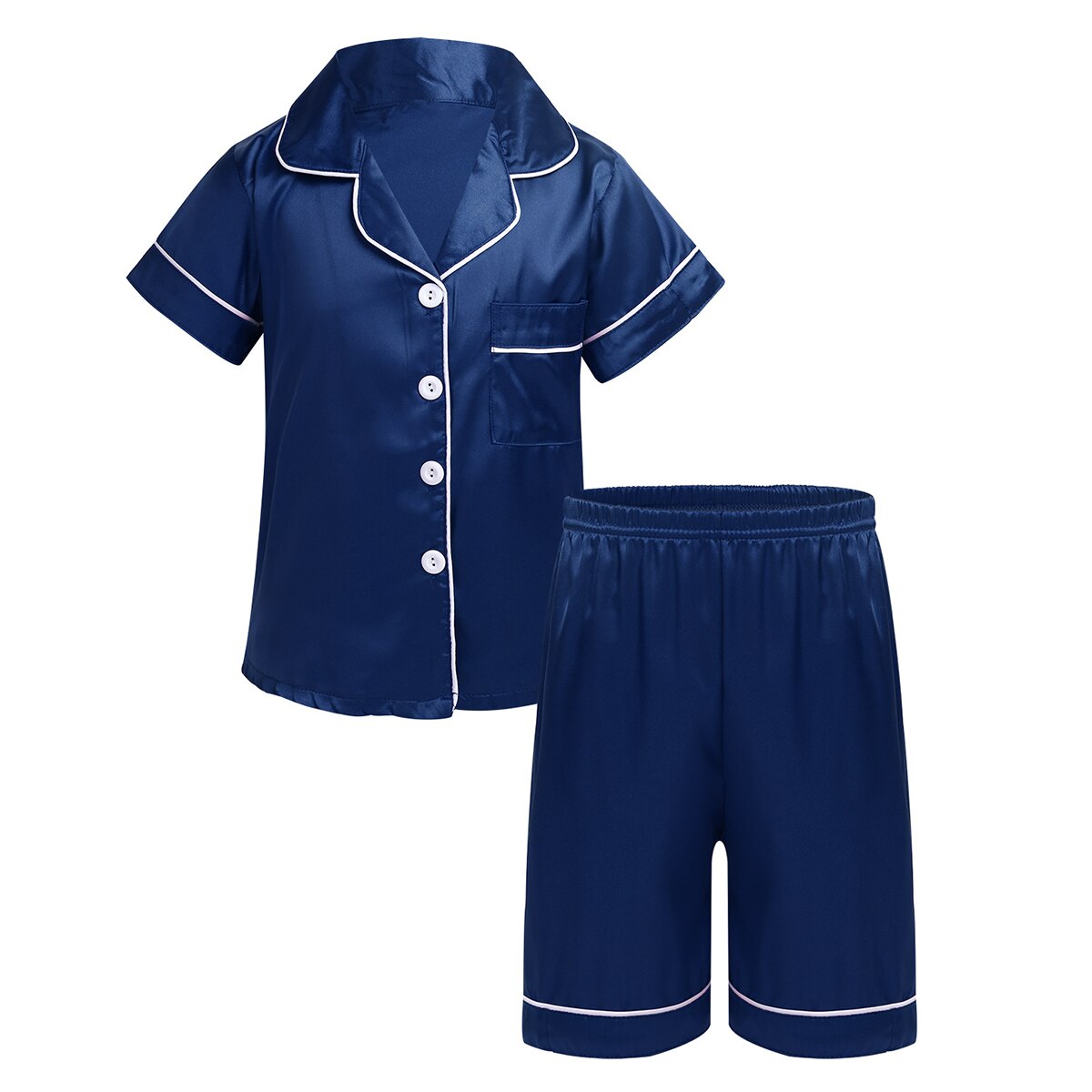 Zomer Kinderen Nachtkleding Sets Unisex Clasic Zijden Pyjama Nachtkleding Outfit Korte Mouw Slaap Set Jongens Meisjes Nachtkleding Loungewear: Navy Blue / 8
