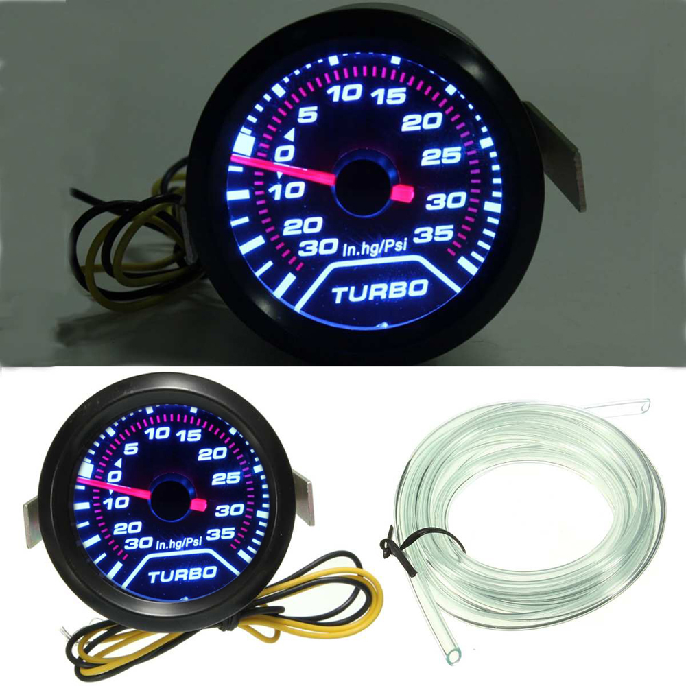 Universal 52mm 2" Car Gauge Pressure Turbo Boost Gauges Meter In. HG PSI Smoke Dial Face Accessories White Digital LED Light