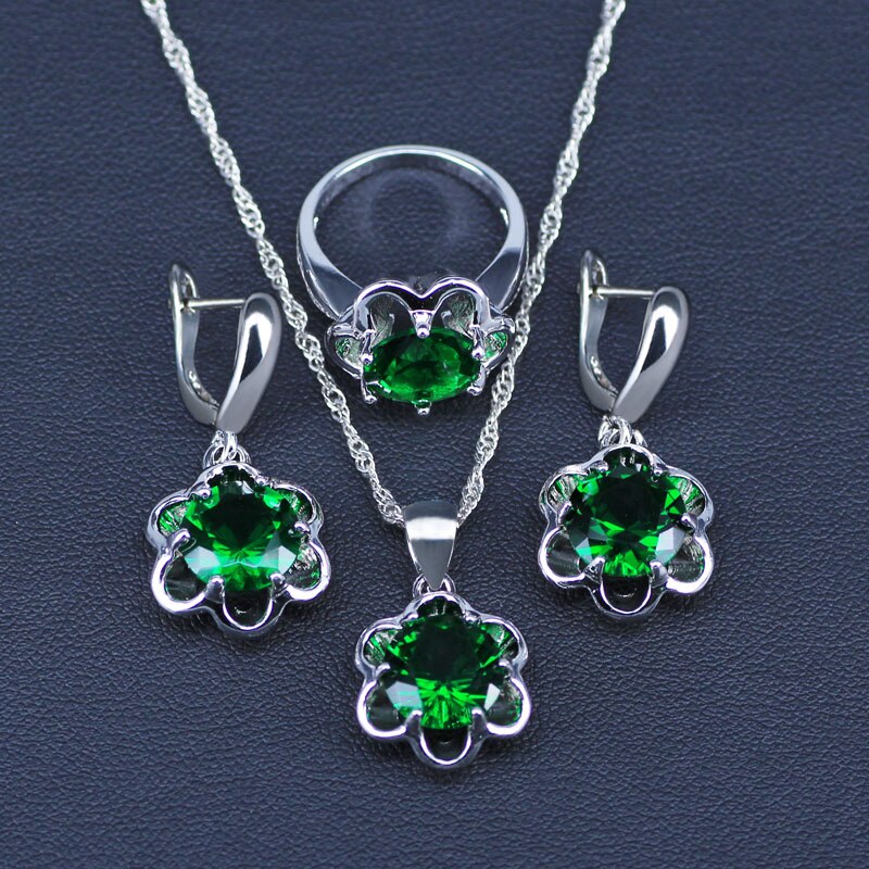 Bloemblauwe zirkoon bruids zilverkleurige sieraden sets dames hanger & ketting ring oorbellen met natuurlijke stenen sieradendoos: Groente / 6