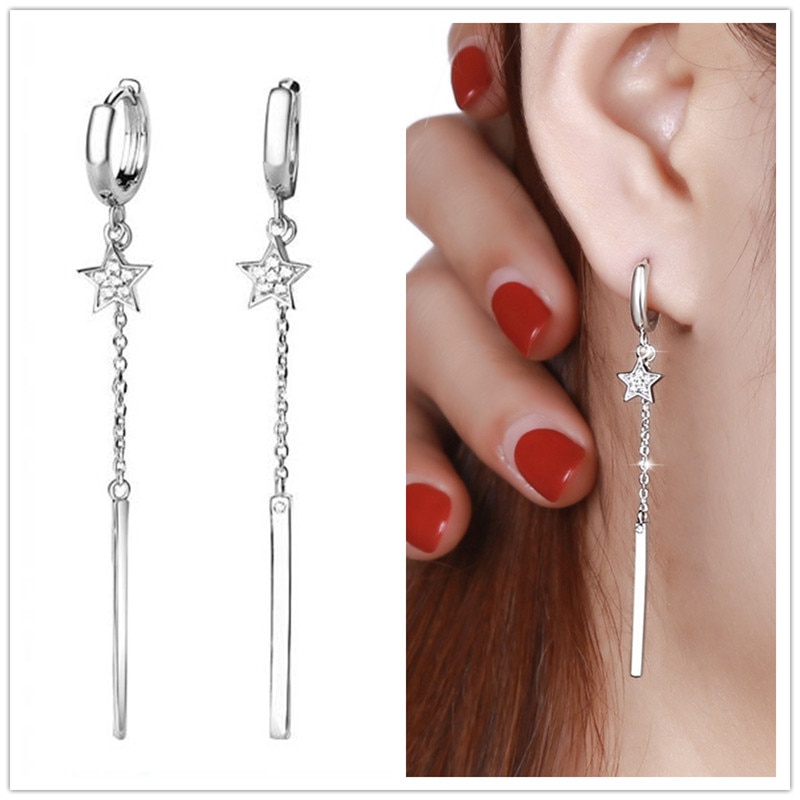 Trendy Silver 925 Earrings Female Accessories Bright Crystal Star Long Earring For Women Jewelry Lady Birthday