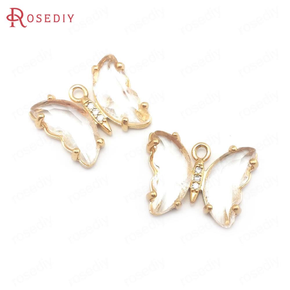 Breloques papillon en laiton, Zircon et verre, 15x20MM 24K, couleur Champagne or, pendentifs, fournitures pour la fabrication de bijoux, résultats de bricolage, 10 pièces