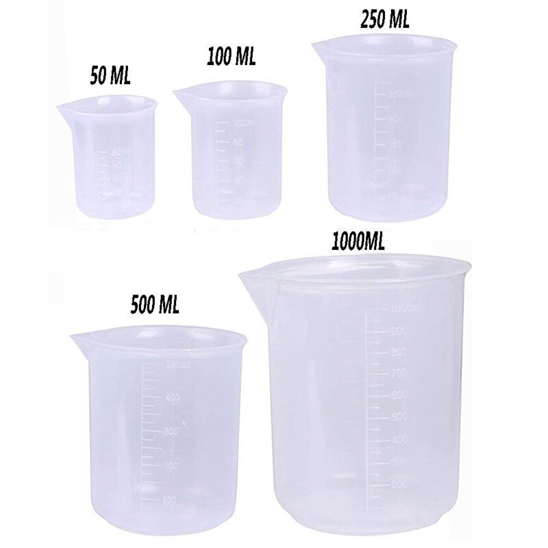 5 størrelser plastikbæger målekopper sæt (50, 100, 250, 500, 1000ml)  og 20 pakke klare 3ml graduerede overføringspipetter