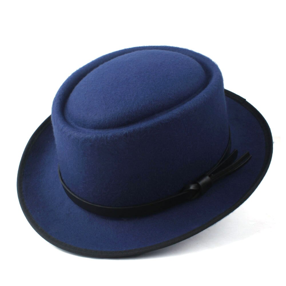 Mode vrouwen Fedora Hoed met Pork Pie Hoed voor Dame Kerk Wolvilt Hoed Kerk Trilby Tovenaar Platte Hoed maat 58cm: Blue