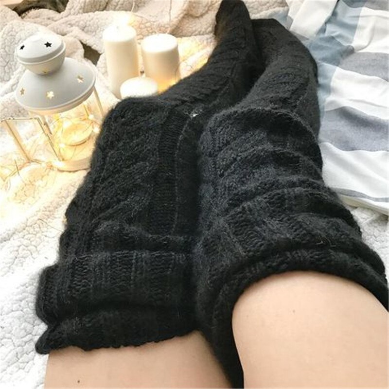 Fall Winter Warm Knittet Thick Women Stockings Floral Pure Color Loose Causal Stockings Knee Length Stockings 7 Colors: G