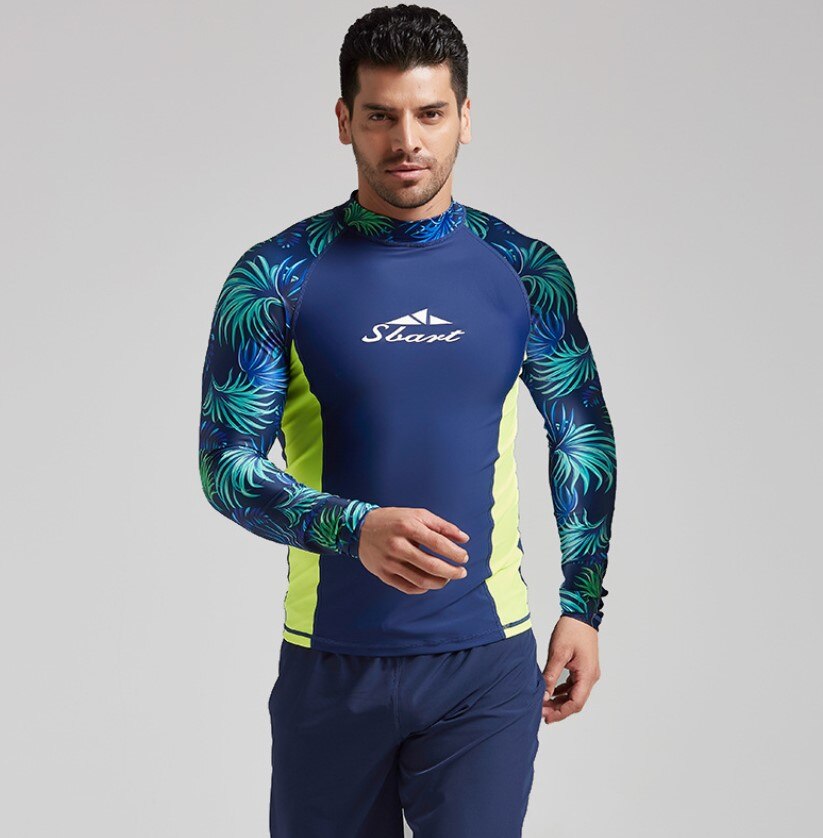 Contrast Color Rash Guard Men UV Sun Protection UPF 50+ Basic Skins Long Sleeve Crew Tee Surfing Top Floral Print Navy Blue: 7067 / L