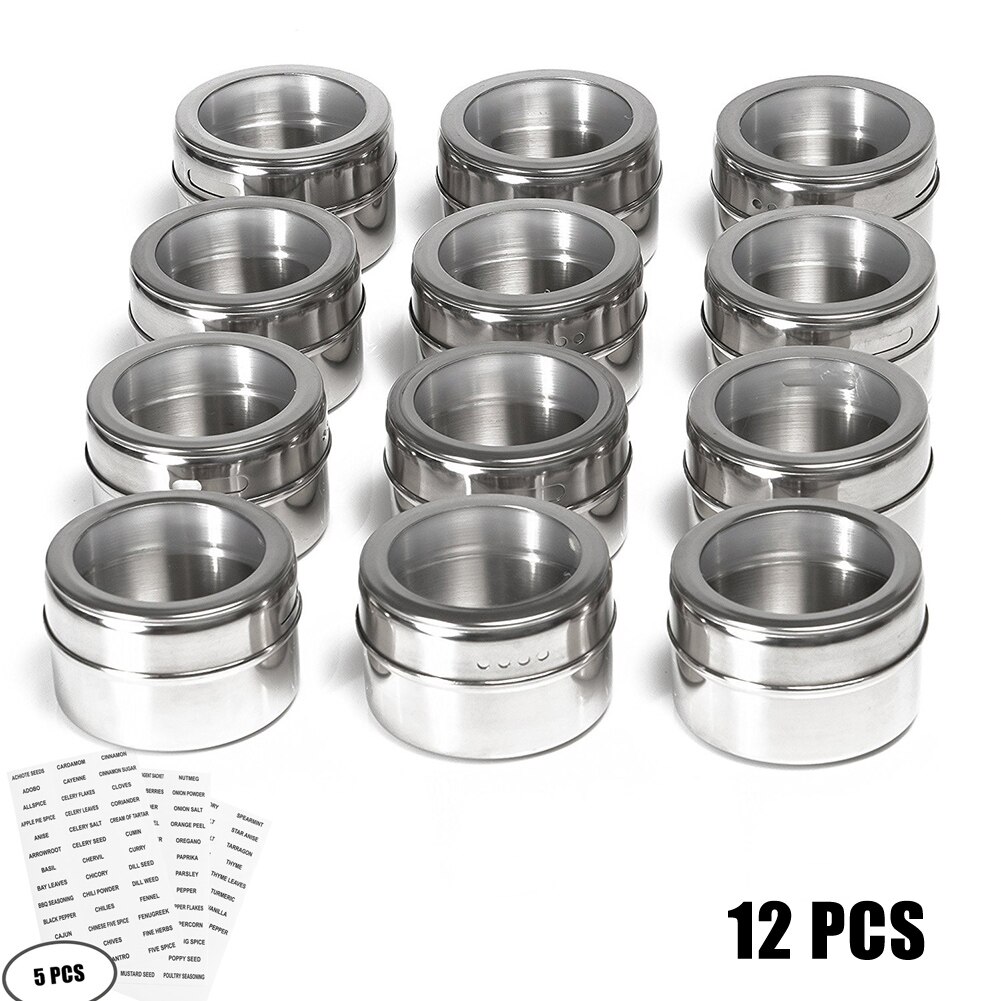 Couvercle clair magnétique pot à épices ensemble en acier inoxydable Sauce aux épices récipient de stockage pots cuisine D6: 12pcs(add 5 labels)
