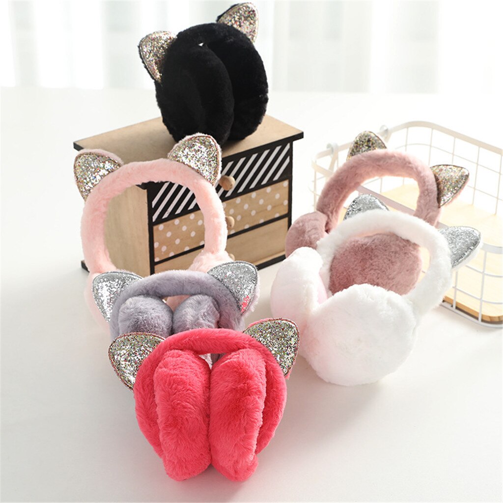Femmes fille fourrure hiver cache-oreilles chat oreille tour d'oreille paillettes Sequin cache-oreilles bandeau cache oreille