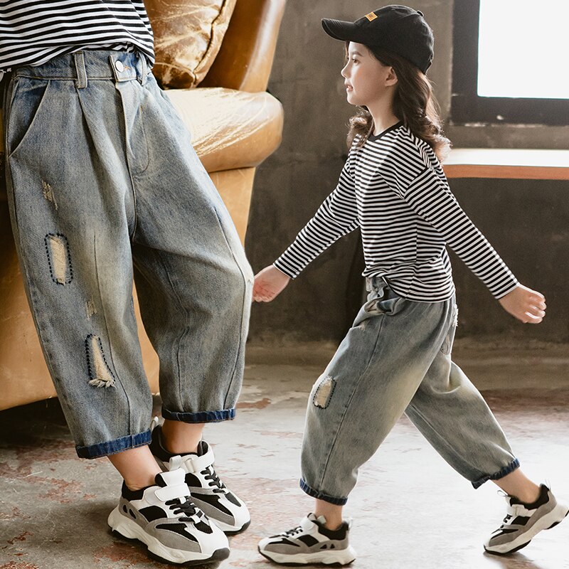 Moderne enfants vêtements filles jean 7 8 9 10 ans filles trou cassé jean pantalons de survêtement en vrac enfants déchiré jean filles Denim pantalon