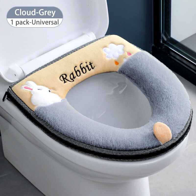 Bathroom Toilet Seat Cover Set Thicken Soft Coral Velvet Rainbow Color Zipper Toilet Case Warm Waterproof WC Potty Cover SWZ024: Strawberry-gray