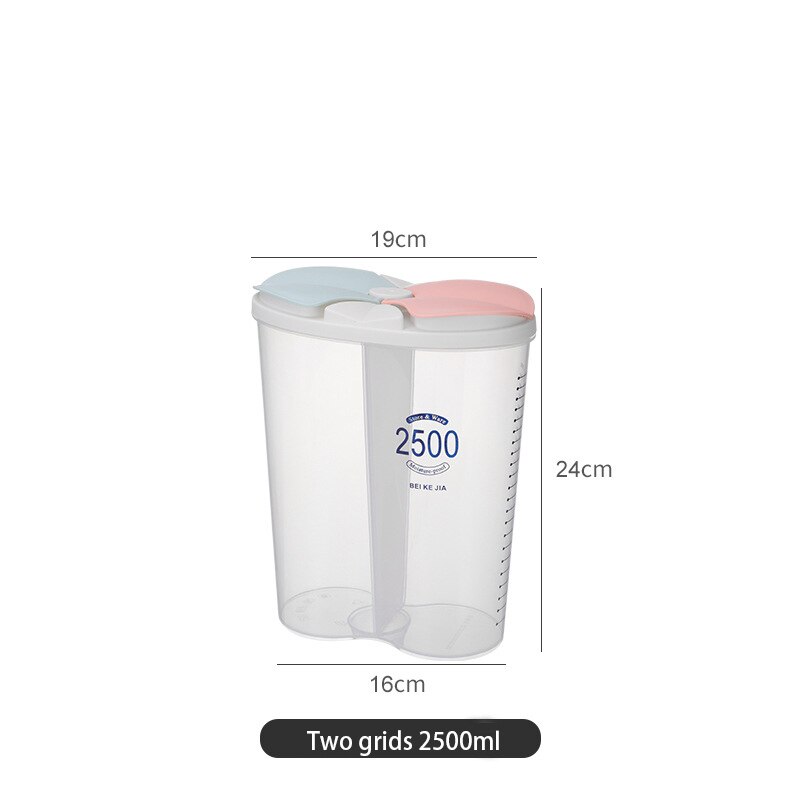 Kitchen Grain Storage Box Transparent Moisture-proof Sealed Tank Bulk Food Storage Cereal Dispenser Plastic Containers with Lids: Two grids 2500ml