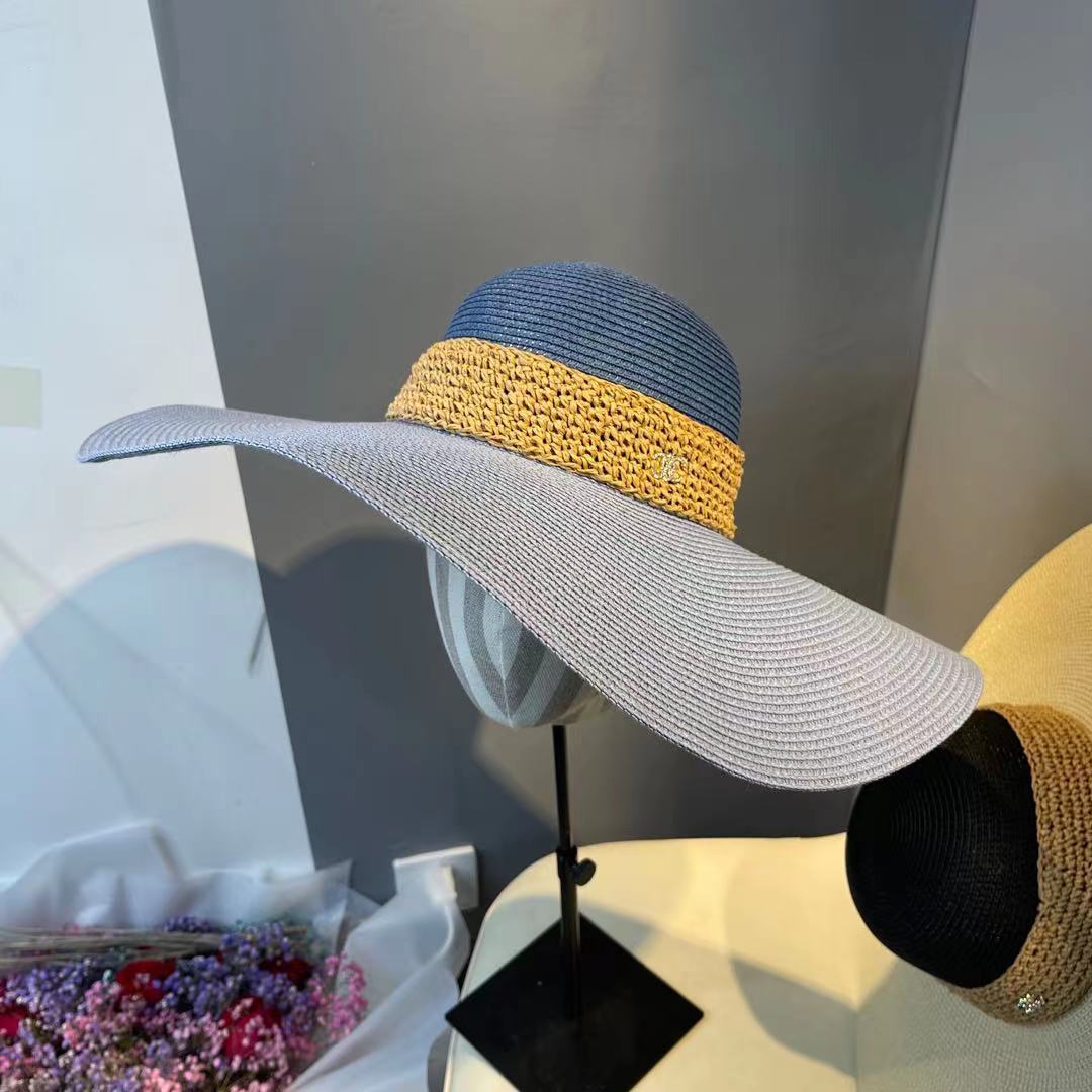 Sombrero de playa de ala grande, sombrero de paja de verano, visera de Sol de moda, protección solar, sombreros frescos: Blue