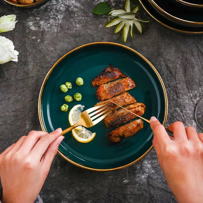 Zielone naczynia ceramiczne i talerze zestawy złota wkładka płyta stek talerz zastawa stołowa miski talerze obiadowe wysoka porcelanowa zastawa stołowa