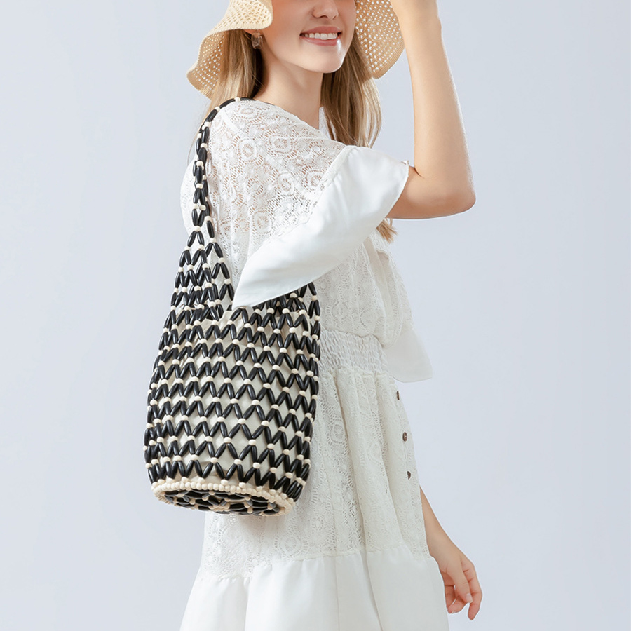 Sac à main tissé pour femmes, d'été, fourre-tout en perles de bois ajourées, sac à bandoulière seau, sac à main de plage en toile filet réticulé