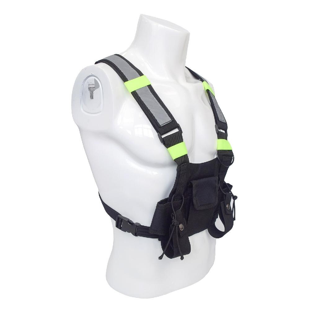 Chaleco negro ajustable con rayas reflectantes bolsa de aparejo de pecho para entrenamiento al aire libre