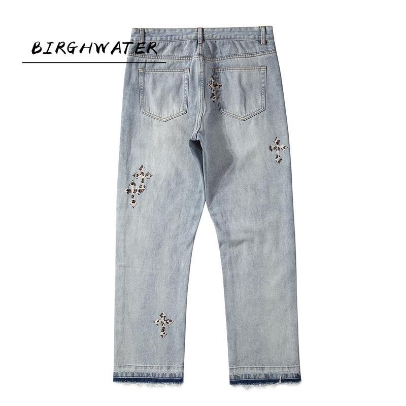 Jean déchiré rétro avec un croix brodée pour hommes, denim décontracté, pantalons délavés, droits, surdimensionnés, jeans, pantalon, haut, rue