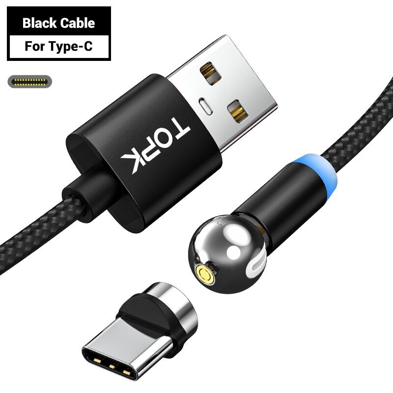 TOPK AM28 360 grad Drehen Magnetischer Micro USB Typ C Kabel LED Magnetic Charging Kabel für iPhone 11 Xs Max X 8 7 6: Black TypeC Cable