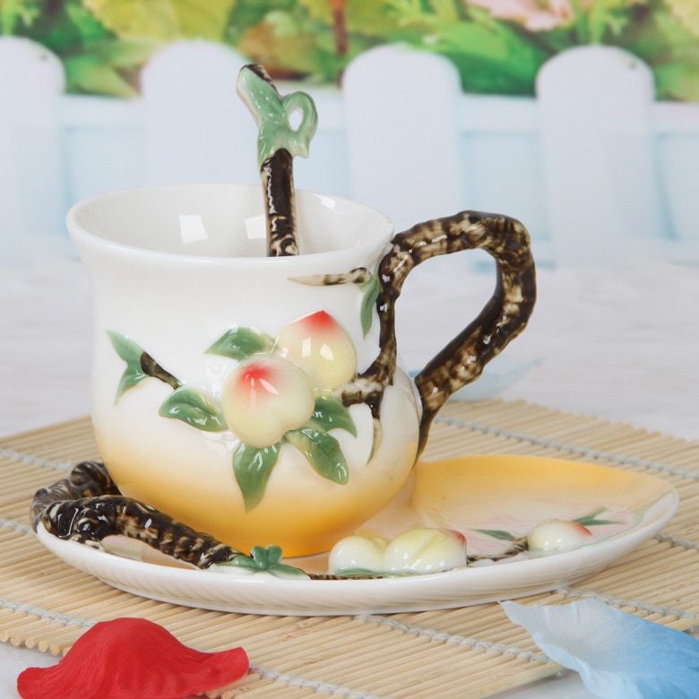 Peach Coffee Cup Colored Enamel Porcelain Bone China Tea Cups With Saucer And Spoon Caneca Copo 185ml