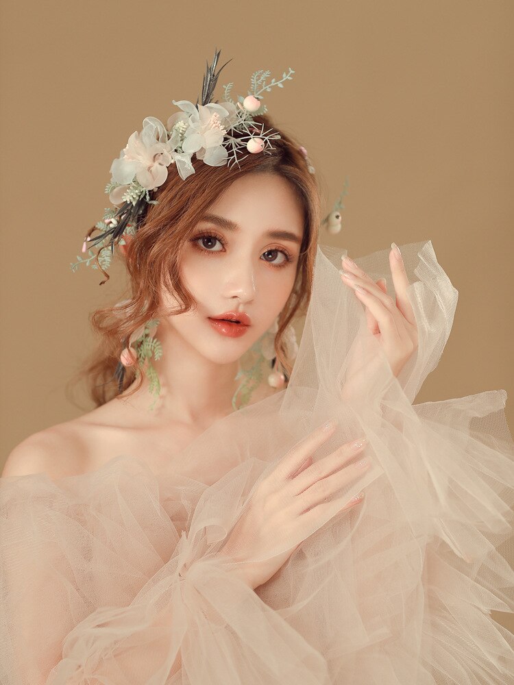 New Fairy Bridal copricapo corona orecchini Set di gioielli bella fascia accessori per capelli da sposa fatti a mano in filato di seta Rattan