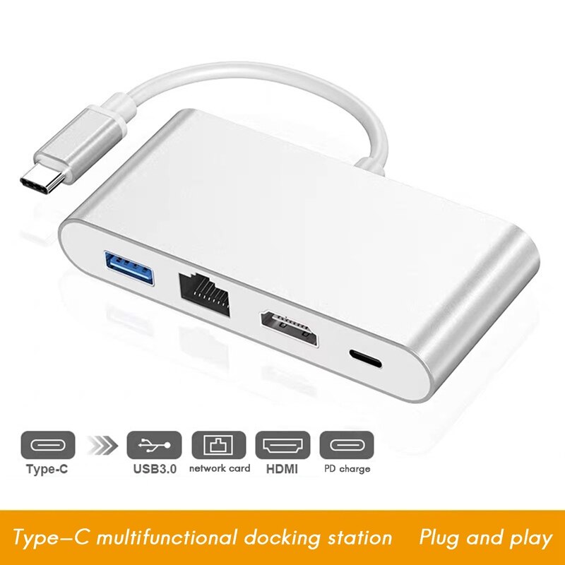 Usb C Hub 4 In 1 Type-C Docking Station Hdmi-Compatibel + USB3.0 + Pd + RJ45 usb C Splitter Voor Pc Laptop