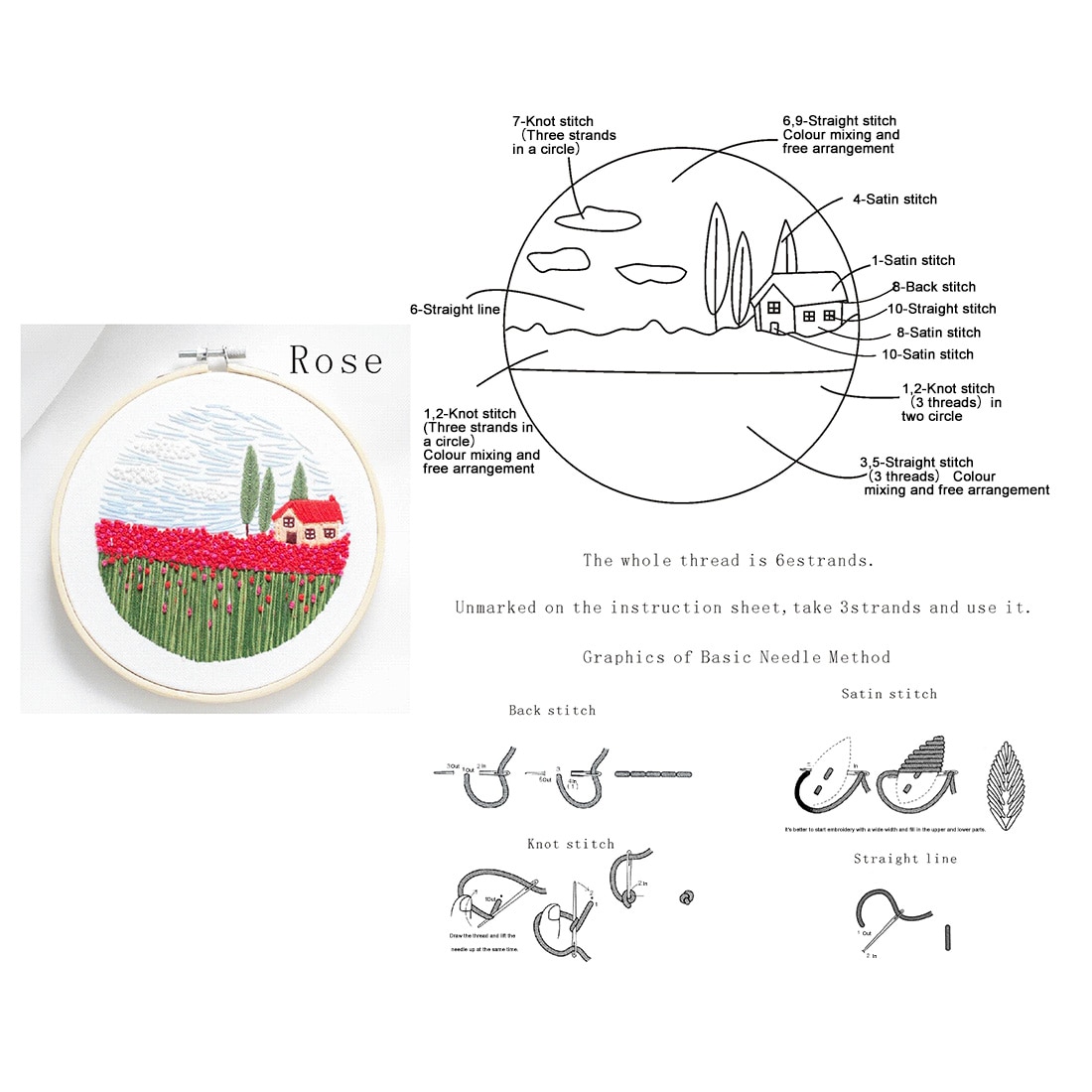15 x 15cm DIY Cross Stitch Embroidery Starter Kit with Bamboo Embroidery Hoop - Carnation
