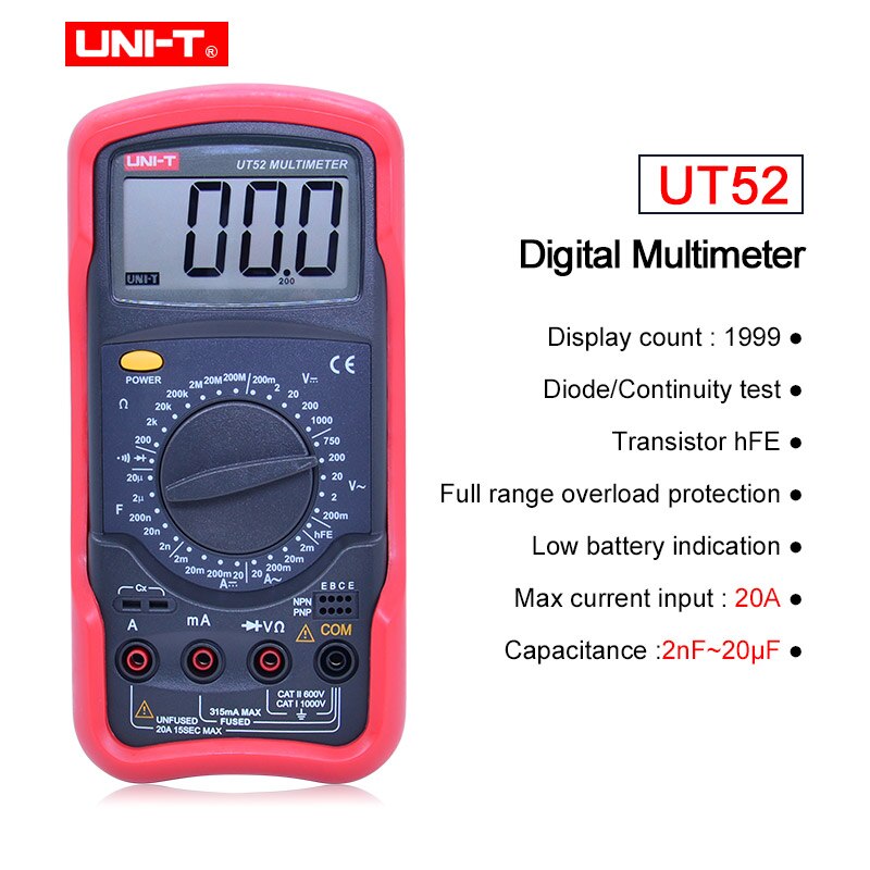 UNI-T Digital multimeter Large LCD Display UT50 Serie Voltmeter Ammeter Ohmmeter Diode/Continuity Test Overload Protection Meter: UT52